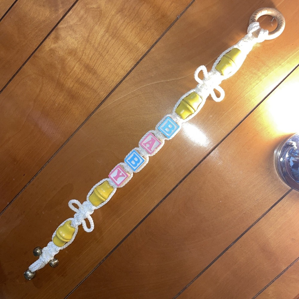 Vintage handmade macrame decoration hanging‎ wooden baby blocks bells yellow